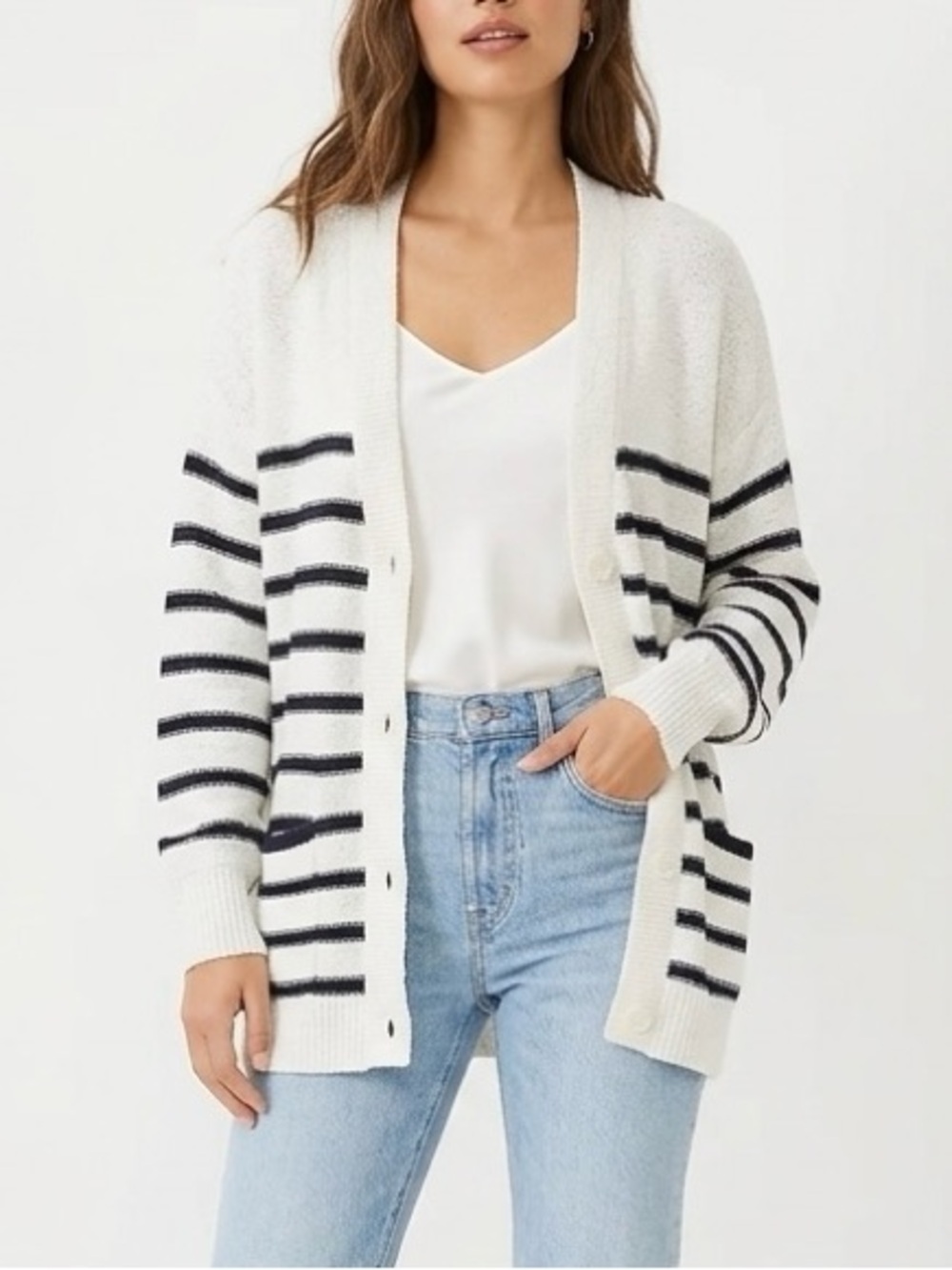 LOFT Striped Boyfriend Cardigan White Navy Blue V-Neck Heritage Knit M